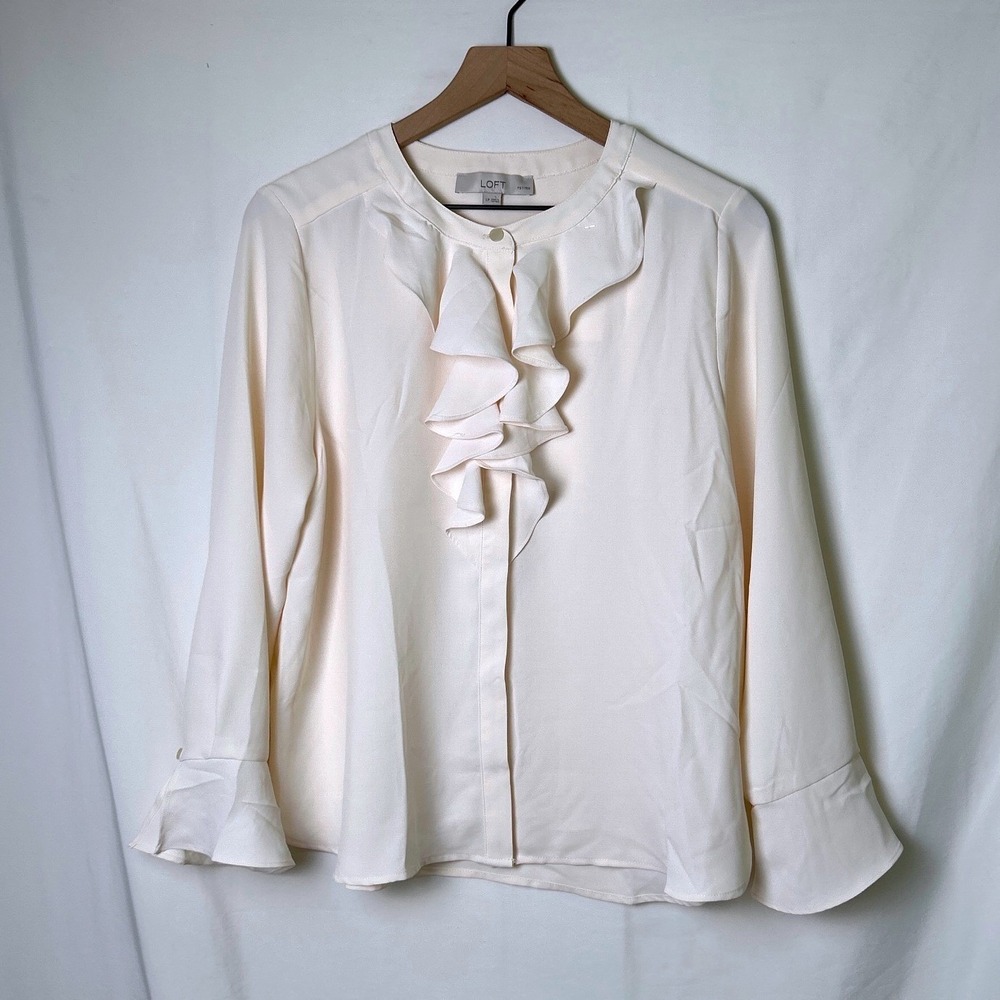 LOFT Women Ruffle Front Bell Cuff Blouse Size LP Cream Romantic Professional NEW
